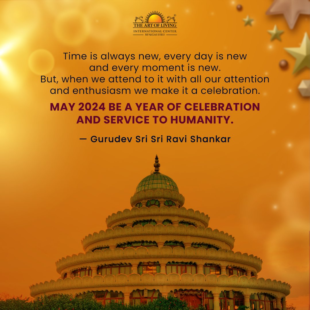 ArtofLivingIC's tweet photo. Time is always new, every day is new and every moment is new. But, when we attend to it with all our attention and enthusiasm we make it a celebration. May 2024 be a year of celebration and service to humanity. — Gurudev @SriSri

Art of Living International Center, Bengaluru wishes you all a very Happy New Year 2024! ✨💖