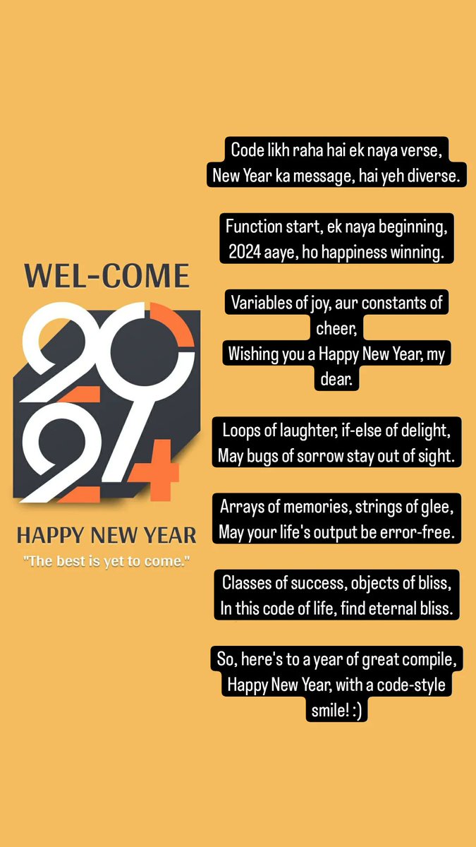 abhinavc_dev's tweet photo. "Happy New Year 2024 to the incredible coding community! 🎉 May this year bring endless opportunities for learning, growth, and successful projects. Let's write some awesome code together! 
#HappyNewYear2024 #CodeNewYear" https://t.co/iA9VEF4wRC
