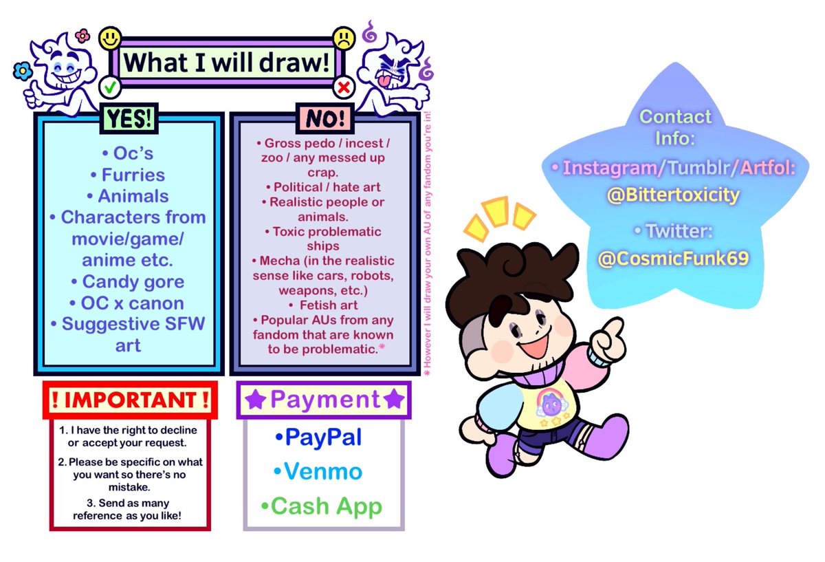 CosmicFunk69's tweet image. 🌻Yo I’m Spencer, your local silly billy artist that draws nonstop lol, I draw fanart of fandoms I’m in and sometimes my oc’s as well.🍄
🌈 Also if you’re curious then check out my commission ! ☀️
Direct message me if you’re interested ^o^