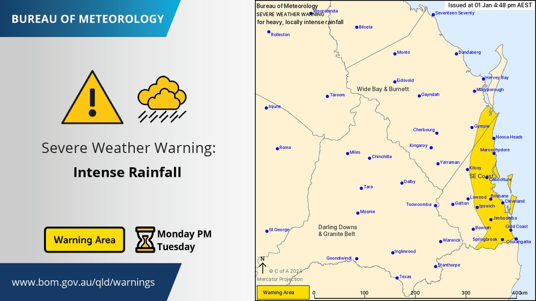 ⚠️🌧️Severe Weather Warning: HEAVY to INTENSE rain likely in #SEQld today & into Tuesday, includes #GoldCoast, #Brisbane, #SunshineCoast. This may lead to dangerous, potentially life-threatening FLASH FLOODING and risk of landslips around steeper terrain. bom.gov.au/qld/warnings/