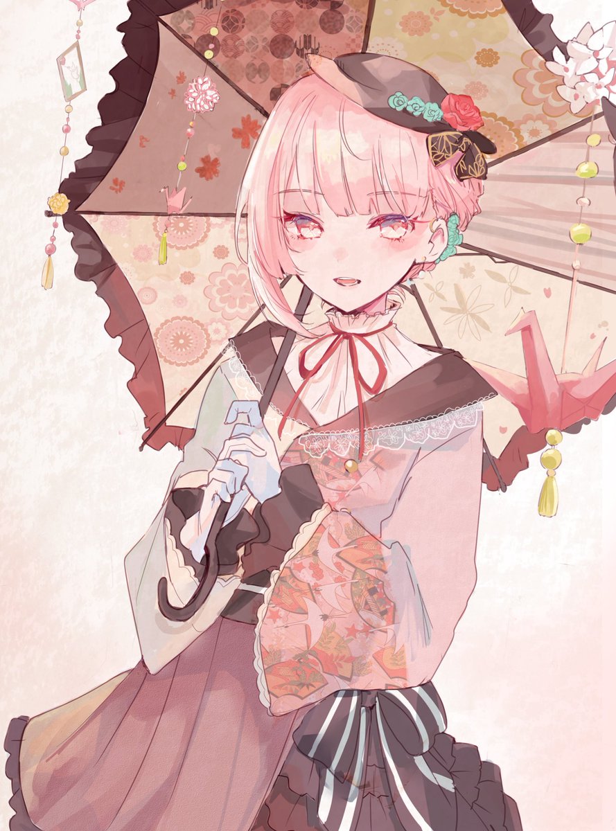 akiyama mizuki pink hair pink eyes umbrella hat solo gloves 1girl  illustration images