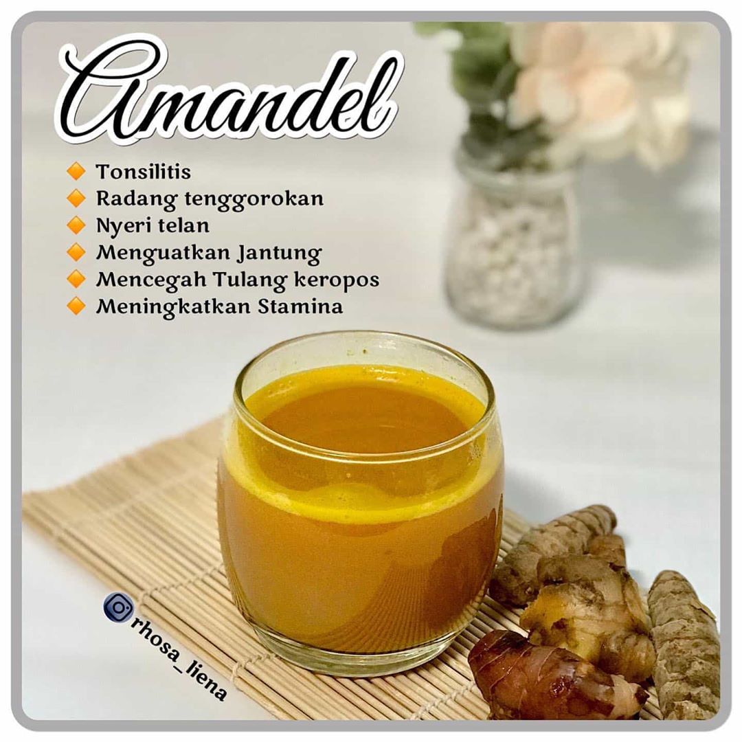 Bismillah

Resep Amandel
3 jari temulawak
3 jari jahe
1 jari lengkuas
Madu Murni

-  iris tipis semua bahan rebus dengan 500 cc air, masak hingga air 250 cc
-  diamkan hingga hangat , lalu saring dan di beri madu
-  konsumsi 1 - 3 x sehari
-  1 resep sekali minum