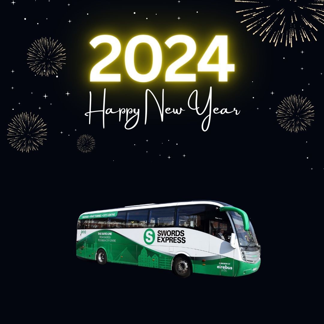 SwordsExpress's tweet photo. 🎉✨ Happy New Year from Swords Express! 🚌🌟 As we usher in 2024, we're filled with excitement and gratitude for the journeys we've shared. Here's to an amazing year ahead! 🚍🥳
Swords Express – a proud member of Swords Community. 💚 
#swordsexpress #swordscommunity #2024 https://t.co/VkwRUhQPlq