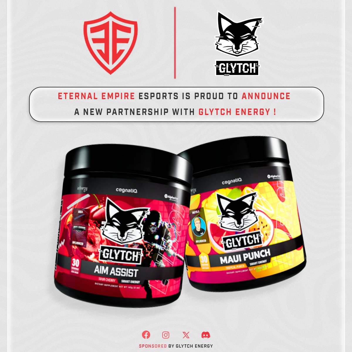 WeAreEnigma_'s tweet photo. So excited to be starting 2024 off right! Announcing Eternal Empire's partnership with @GLYTCHEnergy. More announcements to come but feel free to use our promo code: ETERNAL20 to get 20%  off all Glytch Energy products. 🔥🔥🔥
👇
#Eternal4Ever https://t.co/ZJUF1XhiWb
