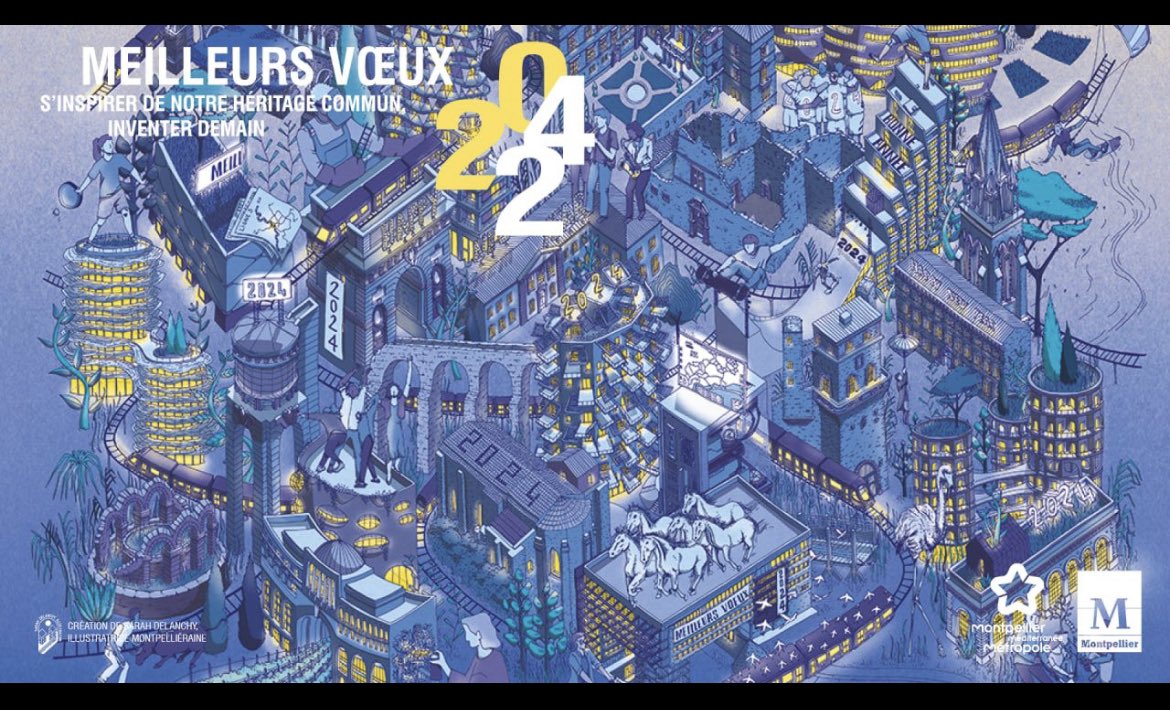 encommunmtp's tweet photo. Avec la complicité graphique  de l'illustratrice montpelliéraine Sarah Delanchy, En Commun souhaite une bonne et heureuse année 2024 à tous les habitants de Montpellier et de la métropole. https://t.co/ZZ00C4t9KF