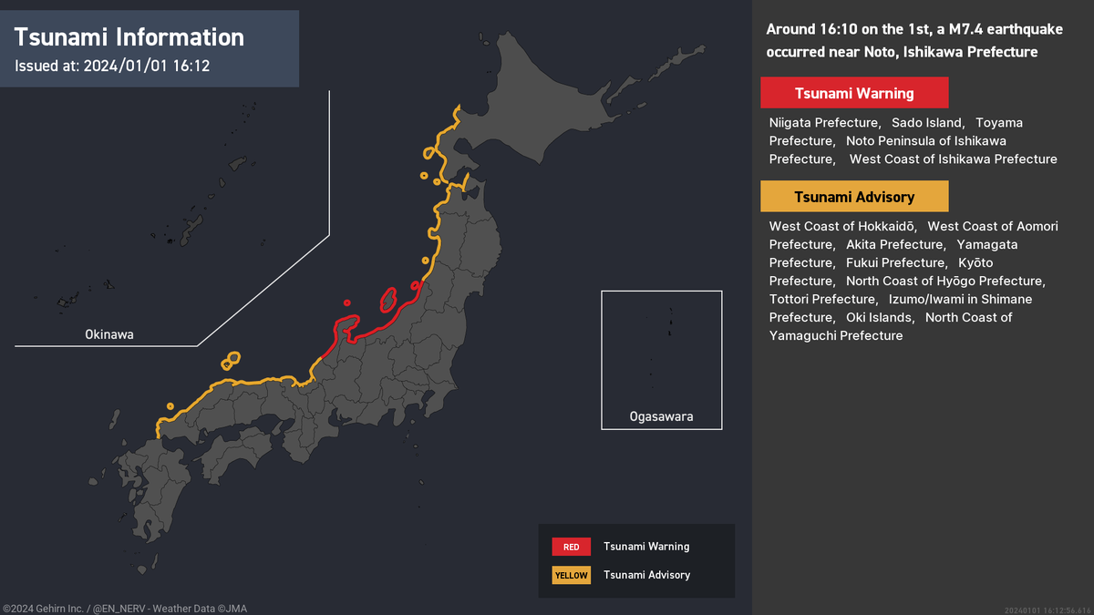 Tsunami Warning – 1/1, 4:12pm
A Tsunami Warning has been issued. Waves of up to 3m are expected. Those near coastal areas, rivers, or lakes should evacuate to higher ground immediately. #tsunami