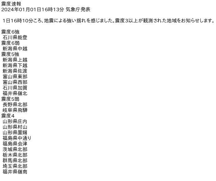 kisho_kyoto's tweet photo. 震度速報
2024年01月01日16時13分 気象庁発表

 1日16時10分ころ、地震による強い揺れを感じました。震度3以上が観測された地域をお知らせします。

震度6強
 石川県能登
震度6弱
 新潟県中越
震度5強
 新潟県上越
 新潟県下越
 新潟県佐渡
 富山県東部
… https://t.co/WsnOuikE9s