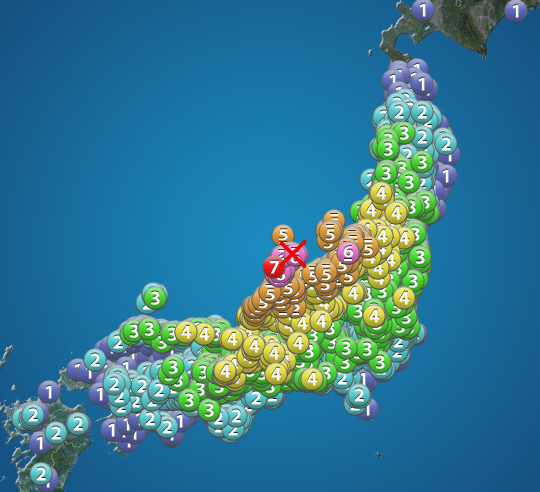 wni_jp's tweet photo. 1月1日 16:10 震度7
震源：石川県能登地方 M7.4 深さごく浅い
https://t.co/1niKCVSiPJ
#地震 #防災 #減災 https://t.co/M5N4QUOnDB