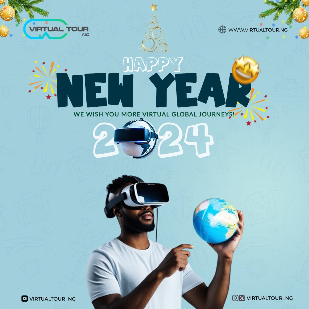 virtualtour_ng's tweet photo. Happy New Year from Virtual Tour NG 🌍

As we soar into 2024, let's embark on a year filled with virtual adventures, cultural discoveries, &amp; unforgettable experiences together🚀🥳 

Wishing you a year brimming with wanderlust &amp; exciting journeys from the comfort of your home! 🏡 https://t.co/X7s7VavbgH