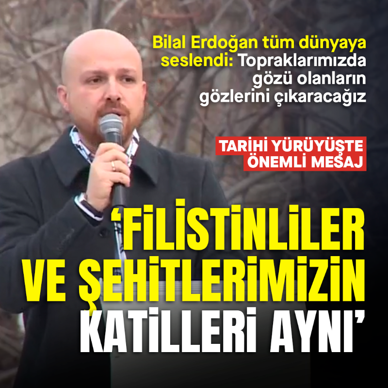 yenisafak's tweet photo. Bilal Erdoğan, on binlerin katıldığı 'Şehitlerimize rahmet, Filistin'e Destek, İsrail'e Lanet' mitinginde konuştu:

"Topraklarımızda gözü olanların, Arz-ı Mevud safsatasıyla milyonların kanına girenlerin gözlerini çıkarmak için bizler kayıtsız kalamayız"
