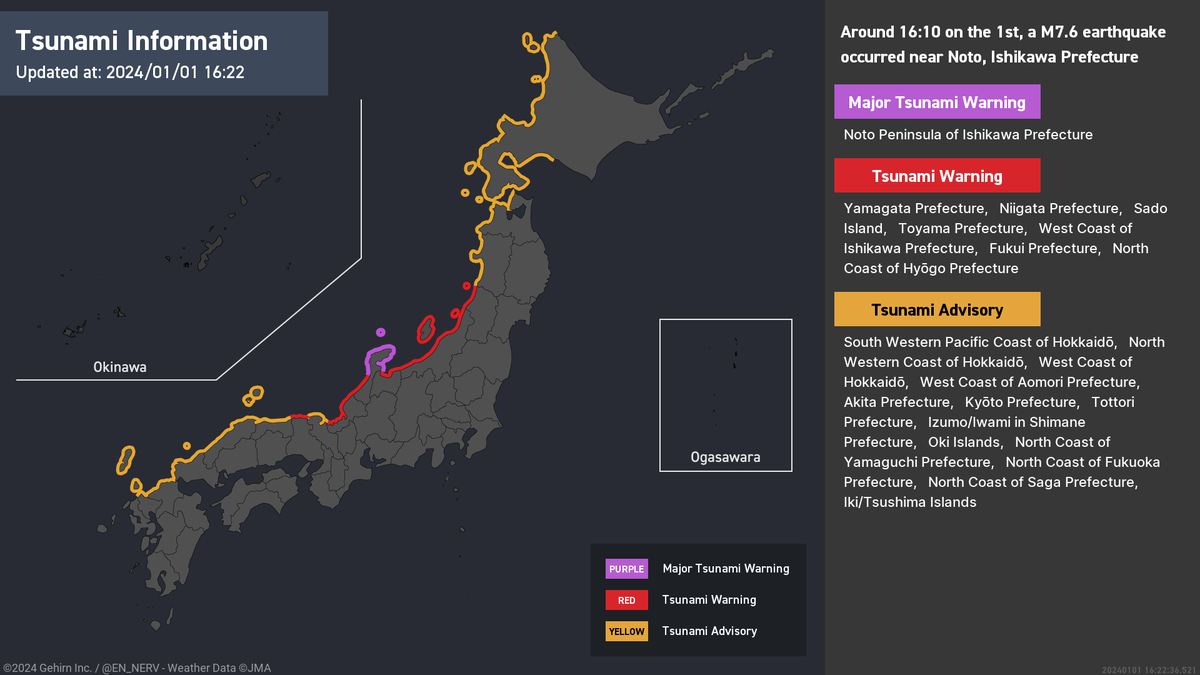 Major Tsunami Warning – 1/1, 4:22pm
The Tsunami Warning has been upgraded to a Major Tsunami Warning. Waves of up to 5m are expected. Those near coastal areas, rivers, or lakes should evacuate to higher ground immediately. #tsunami