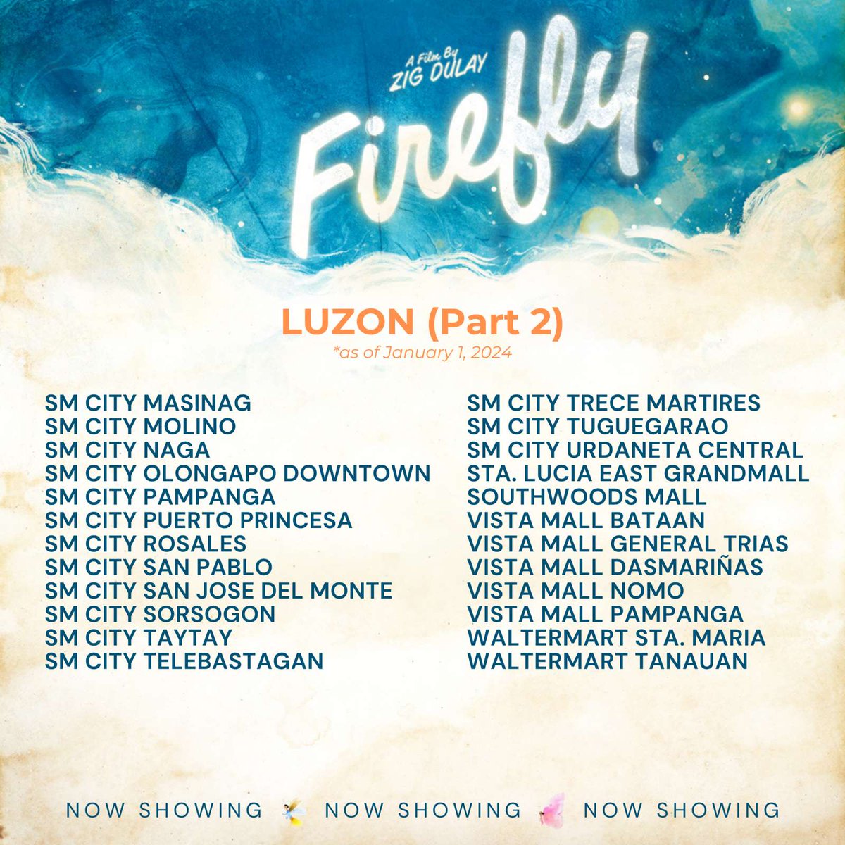 HAPPY NEW YEAR, MGA KA-ALITAPTAP! ✨✨✨ #Firefly is now in over 120 cinemas nationwide! Maraming salamat sa inyong pagmamahal kina Elay at Tonton! #FireflyMovie #FireflyCinemaList #MMFF2023