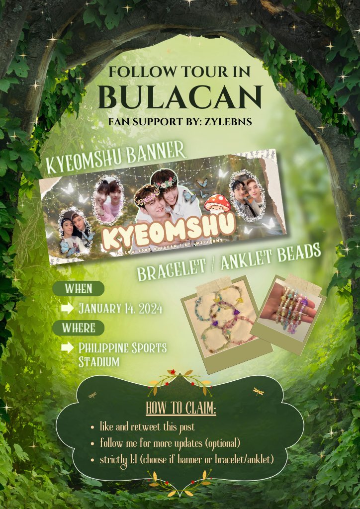 zylebns's tweet photo. SEVENTEEN FOLLOW TOUR IN BULACAN 

𐙚 ‧₊˚ ⋅KyeomShu Fan Support Banner &amp; Beaded Bracelet/Anklet ₊˚⊹♡

⟢ first come, first serve basis
⟢ show proof on d-day
⟢ open for donations (for banners)

SEE U THERE  ૮꒰ྀི⸝⸝> . <⸝⸝꒱ྀིა

#SVT_TOUR_FOLLOW
#FOLLOW_TO_BULACAN https://t.co/ZPl9uCc3Dt