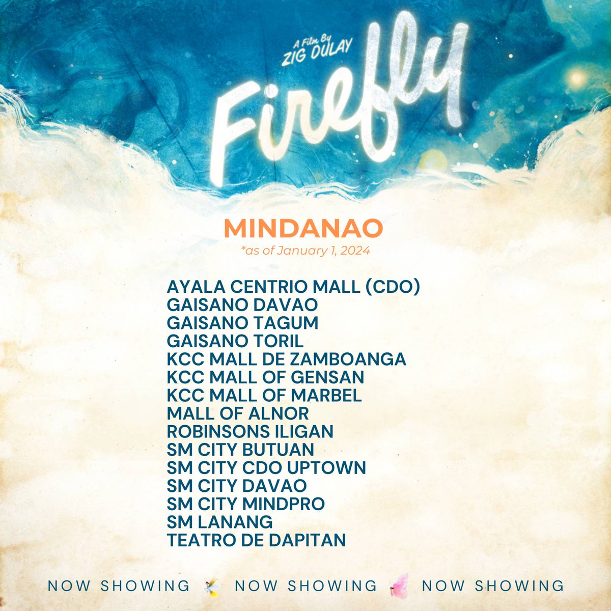 HAPPY NEW YEAR, MGA KA-ALITAPTAP! ✨✨✨ #Firefly is now in over 120 cinemas nationwide! Maraming salamat sa inyong pagmamahal kina Elay at Tonton! #FireflyMovie #FireflyCinemaList #MMFF2023