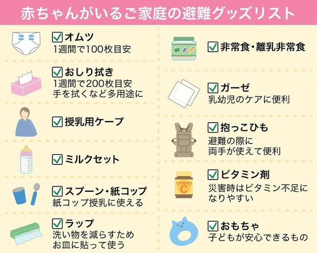 ddtwin_0728's tweet photo. 赤ちゃんの避難グッズリストシェアするよ‼️
みんな無事でありますように😫💦 https://t.co/0wGPfPreNz
