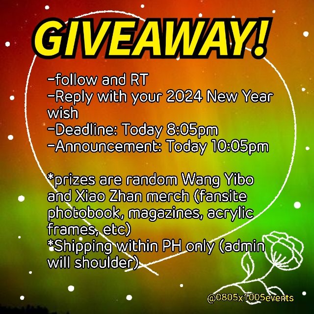 0805x1005events's tweet photo. [2024 GIVEAWAY] What is your 2024 New Year wish? Prizes will be random for 5 winners. (We do not ship outside the Philippines 😥) #YiboSean #YiZhan #WangYibo #XiaoZhan https://t.co/SoYvQI6hrm