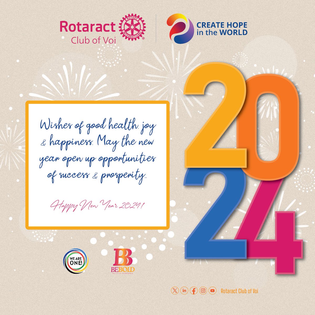 Rotaract_Voi's tweet photo. 🎊May the new year rejuvenate your energy to renew your commitment to #ServiceAboveSelf.  May this beginning be filled with opportunities and avenues to achieve your new year goals and plans. 

🥂 *Happy new year 2024!* ✨ https://t.co/j1SbKFiqJc