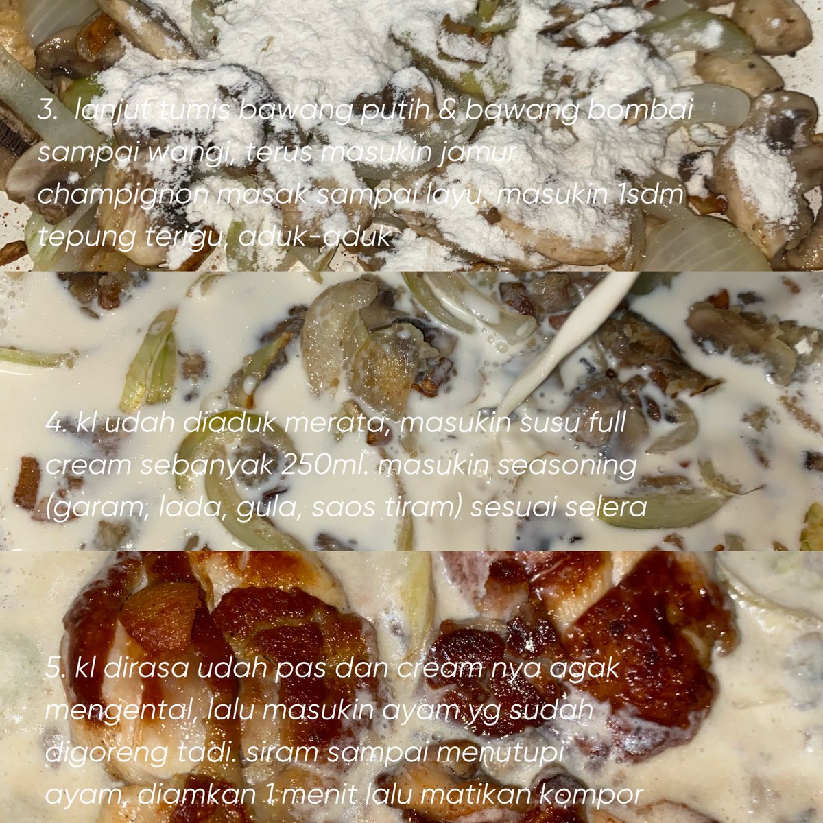 wnisekai's tweet photo. ☆ミ recook Creamy Chicken Mushroom

memasuki tahun baru, bosen makan yg itu-itu aja? 🤔 coba bikin ini deh, rasanya seperti makan menu enak di restoran plizz 😭☝️

— bahan;
🐥 ayam fillet bagian paha / dada yg udah dimarinasi pake lada & garam
🥦 brokoli hijau (bisa diganti sayur lain)
🥛 susu full cream 250ml
🧄 2-3 bawang putih
🧅 1/2 bawang bombai
🍄 jamur champignon
🍚 1 SDM tepung terigu
🫙 seasoning (lada, garam, gula, saus tiram)

1. rebus brokoli hijau di air yg sudah mendidih, rebus kurang lebih 3-5 menit, lalu tiriskan
2. lanjut, goreng ayam yg sudah dimarinasi di teflon dengan sedikit minyak. goreng sekitar 20 menit sampai matang kecokelatan 
3.  lanjut tumis bawang putih & bawang bombai sampai wangi, terus masukin jamur champignon masak sampai layu. masukin 1 sdm tepung terigu, aduk-aduk
4. kl udah diaduk merata, masukin susu full cream sebanyak 250ml. masukin seasoning dikit-dikit (garam, lada, gula, saos tiram) sesuai selera. jangan lupa cek rasa.
5. kl dirasa udah pas dan saus cream nya mengental, masukin ayam yg sudah digoreng tadi. siram-siram sampai menutupi ayam, diamkan 1 menit lalu matikan kompor