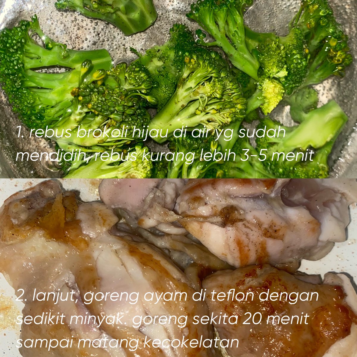wnisekai's tweet photo. ☆ミ recook Creamy Chicken Mushroom

memasuki tahun baru, bosen makan yg itu-itu aja? 🤔 coba bikin ini deh, rasanya seperti makan menu enak di restoran plizz 😭☝️

— bahan;
🐥 ayam fillet bagian paha / dada yg udah dimarinasi pake lada & garam
🥦 brokoli hijau (bisa diganti sayur lain)
🥛 susu full cream 250ml
🧄 2-3 bawang putih
🧅 1/2 bawang bombai
🍄 jamur champignon
🍚 1 SDM tepung terigu
🫙 seasoning (lada, garam, gula, saus tiram)

1. rebus brokoli hijau di air yg sudah mendidih, rebus kurang lebih 3-5 menit, lalu tiriskan
2. lanjut, goreng ayam yg sudah dimarinasi di teflon dengan sedikit minyak. goreng sekitar 20 menit sampai matang kecokelatan 
3.  lanjut tumis bawang putih & bawang bombai sampai wangi, terus masukin jamur champignon masak sampai layu. masukin 1 sdm tepung terigu, aduk-aduk
4. kl udah diaduk merata, masukin susu full cream sebanyak 250ml. masukin seasoning dikit-dikit (garam, lada, gula, saos tiram) sesuai selera. jangan lupa cek rasa.
5. kl dirasa udah pas dan saus cream nya mengental, masukin ayam yg sudah digoreng tadi. siram-siram sampai menutupi ayam, diamkan 1 menit lalu matikan kompor