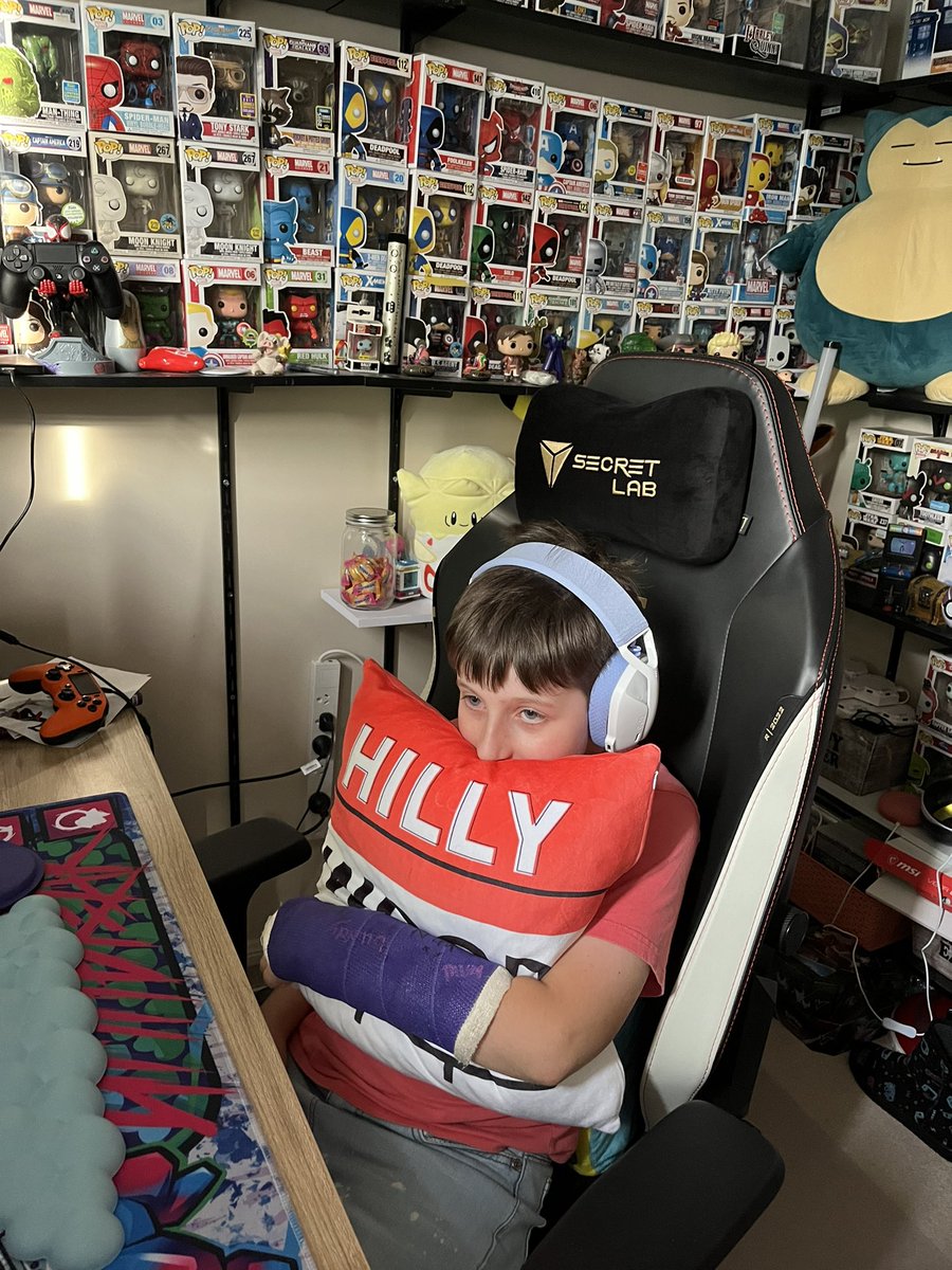 ZKMann77's tweet photo. The stages of jack and his @HillywoodShow pillow every day since he got it. It goes everywhere with him. When he’s not hugging it as above, he uses it as a rest for his arm. He’s in love https://t.co/MxdZ6cFOZt