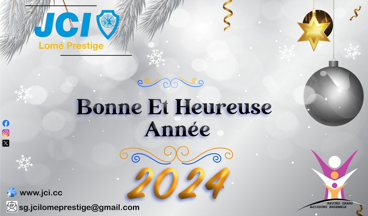 Soyez les bienvenus en 2024.
Le Comité Directeur Local de la JCI Lomé Prestige sous le leadership de sa Présidente Grâce ANADE AKPO, vous souhaite une année 2024 remplie de succès, de bonheur et de prospérité. 
Thème du mandat 2024 : Rêvons Grand, Agissons Ensemble!