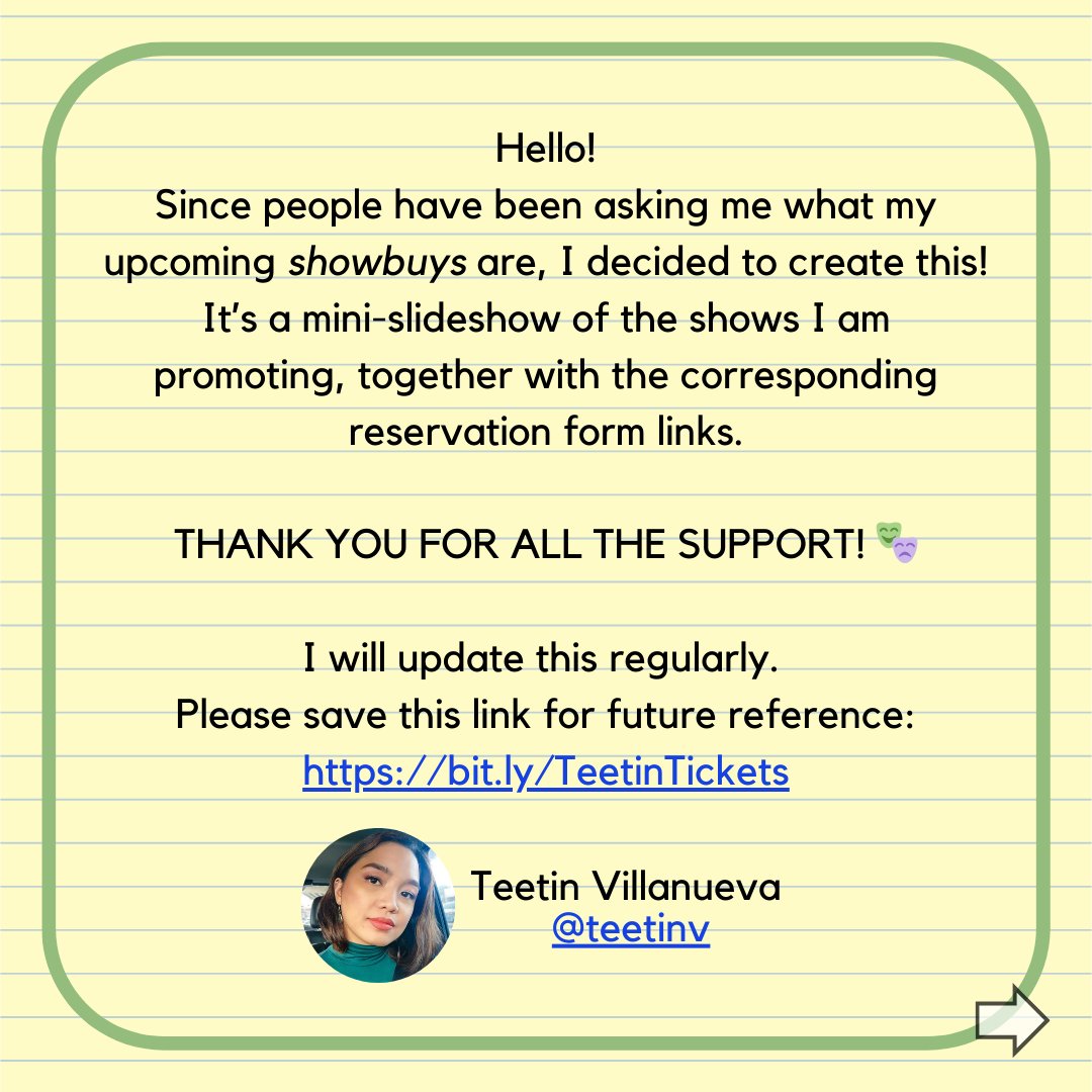 Sharing my upcoming showbuys!
Para madaling magplano ng schedule 😉
SAVE MY LINK >> bit.ly/TeetinTickets