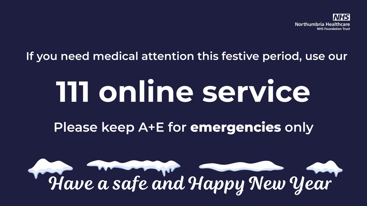 NorthumbriaNHS's tweet photo. Happy New Year everyone!🎇

We're wishing you all a safe, happy, and healthy 2024💙

Please remember, if you need medical attention, use our 111 online service and keep A+E for emergencies only. https://t.co/Ch3YEZ39U7