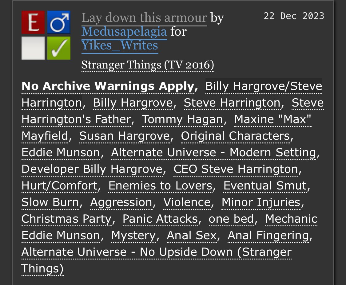 MedusapelagiaST's tweet photo. Lay down this armour - Stranger Things (TV 2016)
#HarringroveChristmasExchange fics authors have finally been revealed! So here is mine! A hurt/comfort, slowburn fic!
#Harringrove #StrangerThingsFanfic
https://t.co/HkLFgE3MNC via @ao3org https://t.co/ZO6Pt4ogGV
