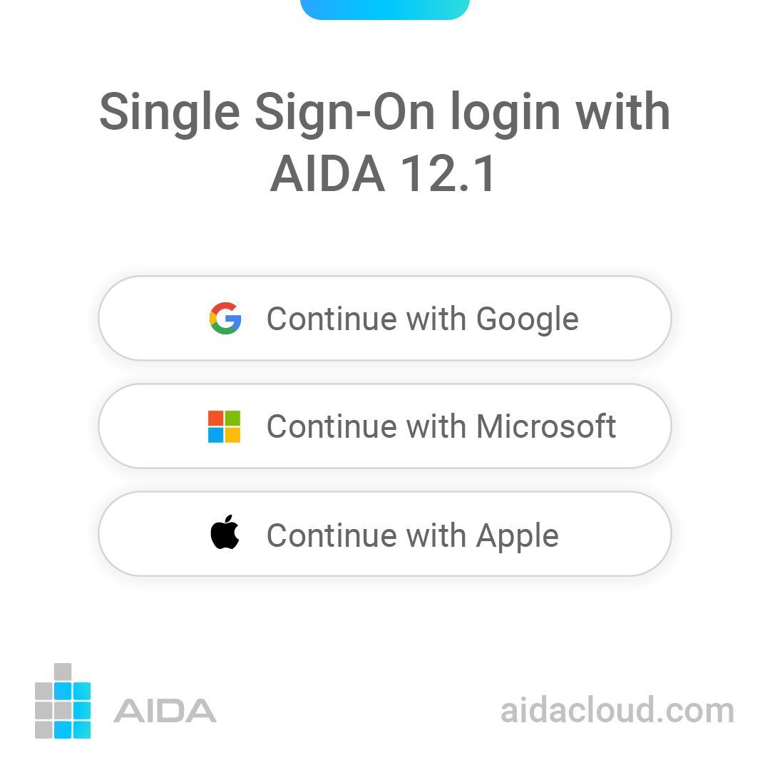 🚀 AIDA 12.1 brings you Single Sign-On! Now use your Google, Microsoft, or Apple accounts for an easy and secure login. 🛡️✨

👉 Explore now: aidacloud.com

#AIDA #SingleSignOn #Google #Microsoft #Apple #TechNews
