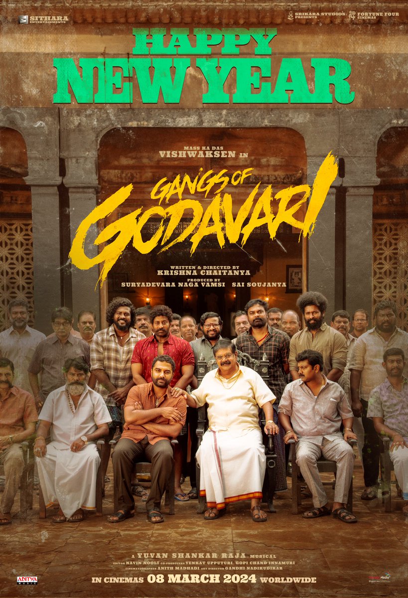 VishwakSenActor's tweet photo. The GANGS OF GODAVARI extend their heartfelt NEW YEAR wishes and a fantastic year ahead 🔥🌊 
#HappyNewYear 
 #GangsofGodavari will arrive in theatres on 8th March, 2024! 💥 https://t.co/fjfKQmu0gQ