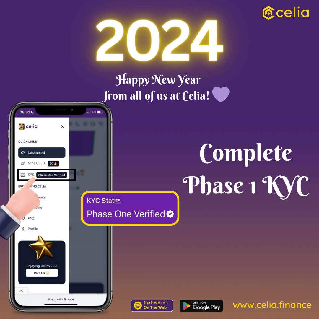 Happy New Year from all of us at Celia! 💜 Please Kindly Update your app and Complete Phase 1 KYC. Website: celia.finance/login App: play.google.com/store/apps/det…