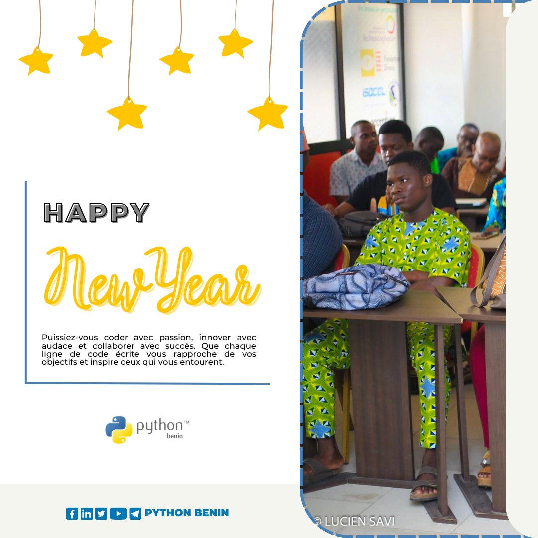 PythonBenin's tweet image. Chers membres et abonnés de la communauté Python au Bénin,

En 2024, je vous souhaite une année de succès et d&apos;innovations. Que chaque ligne de code soit une avancée vers vos objectifs. Ensemble, construisons un avenir brillant. Joyeuse année à tous ! 🚀 

#PythonBenin #HappyYear