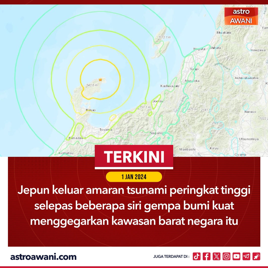 501Awani's tweet photo. Jepun telah mengeluarkan amaran tsunami peringkat tinggi selepas beberapa siri gempa bumi kuat menggegarkan kawasan barat.

Siri gempa bumi melanda Ishikawa dan wilayah berdekatan, dengan satu gempa bumi bermagnitud 7.4, menurut Agensi Meteorologi Jepun.

#AWANInews https://t.co/E0AYetmDe9