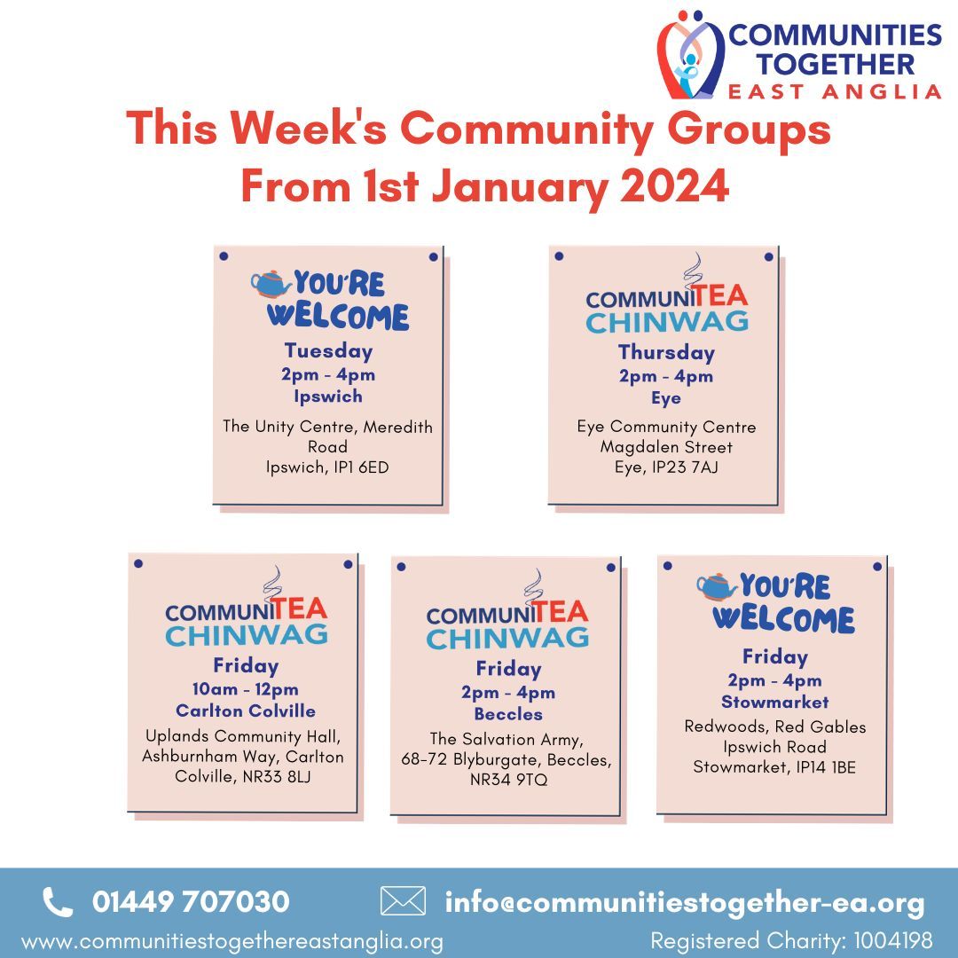 SESSIONS THIS WEEK
CommuniTEA Chinwag – social group for people aged 60+
You’re Welcome – health &amp; wellbeing social group for adults aged 18+
For more information about our sessions please contact info@communitiestogether-ea.org or call 01449 707030.