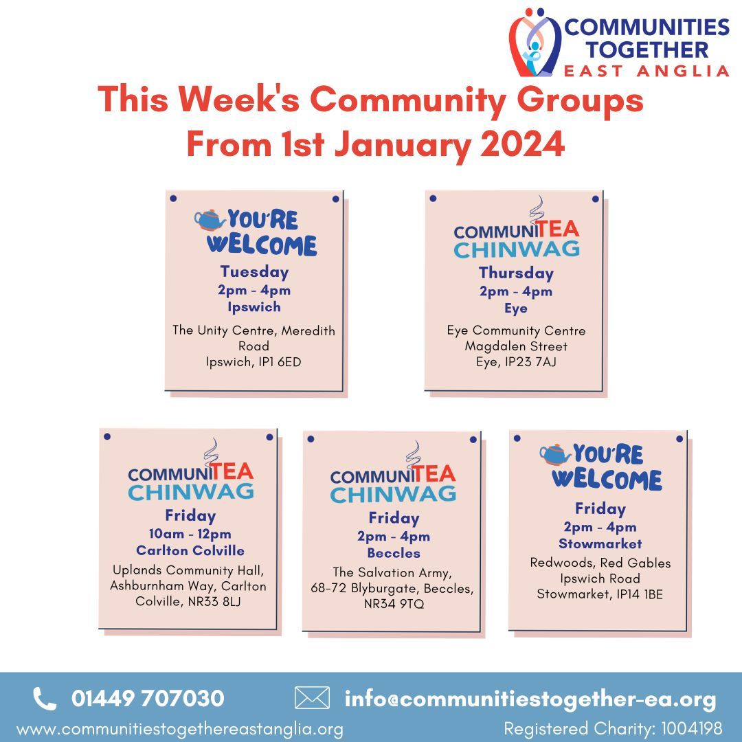 SESSIONS THIS WEEK CommuniTEA Chinwag – social group for people aged 60+ You’re Welcome – health & wellbeing social group for adults aged 18+ For more information about our sessions please contact info@communitiestogether-ea.org or call 01449 707030.