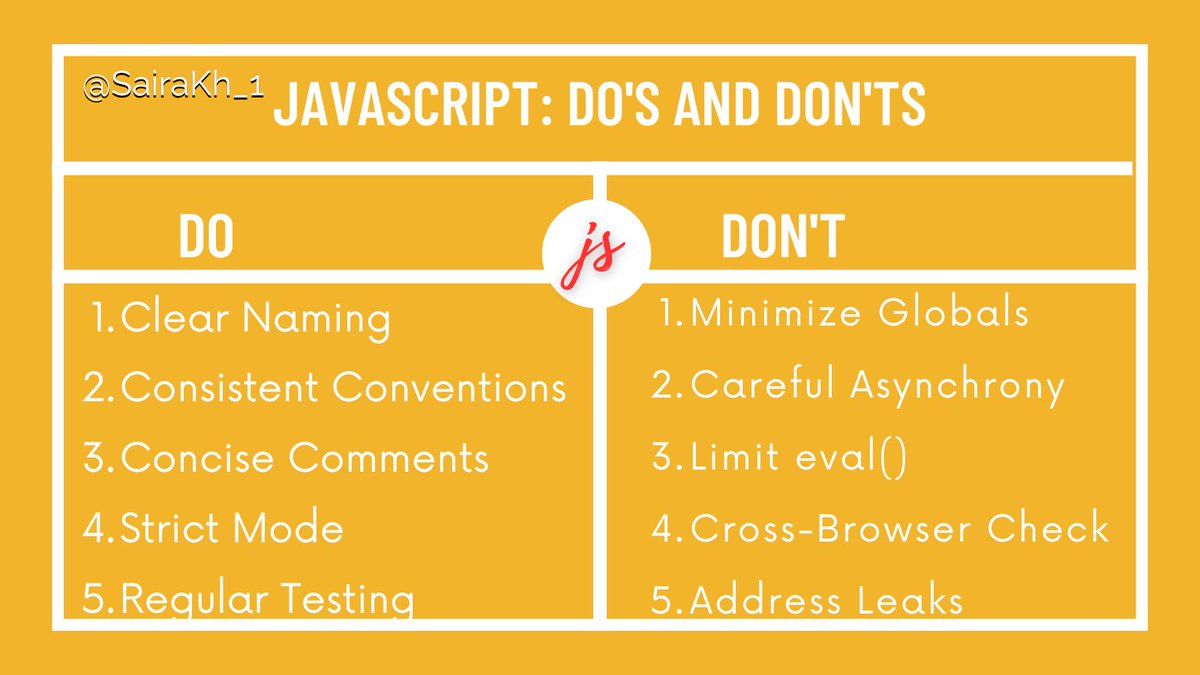 Sairakh_1's tweet image. Mastering JavaScript? Here's your quick guide to the dos and don'ts! 💻✨ #JavaScriptTips #CodingWisdom
Check out details in comments 👇👇