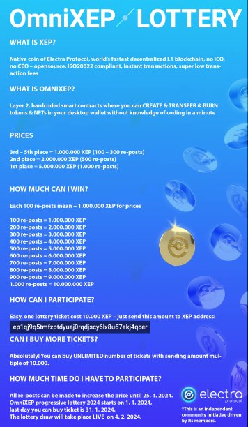 OmniXEP lottery is HERE 💰

Each 100 re-posts mean + 1.000.000 XEP for prices 🤑🤑🤑

The rules are attached 🥳

XEP lottery wallet: ep1qj9q5tmfzptdyuaj0rqdjscy6lx8u67akj4qcer

Good luck 🍀