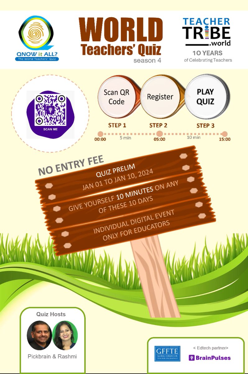 Knowthetribe's tweet photo. World Teacher's Quiz is back for season 4!
Just scan the QR code and play along! The Quiz Prelim round starts today, enroll now!
#proudtobeateacher #NEP2020 #teachers #education #knowledgetribe https://t.co/ulEZvzn7nf