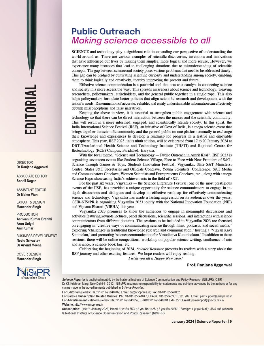 The January 2024 issue of Science Reporter is now available and features some captivating articles. Among them is the cover story that takes you through the amazing journey of the India International Science Festival. Find it at nopr.niscpr.res.in/handle/1234567… @CSIR_IND @CSIR_NIScPR
