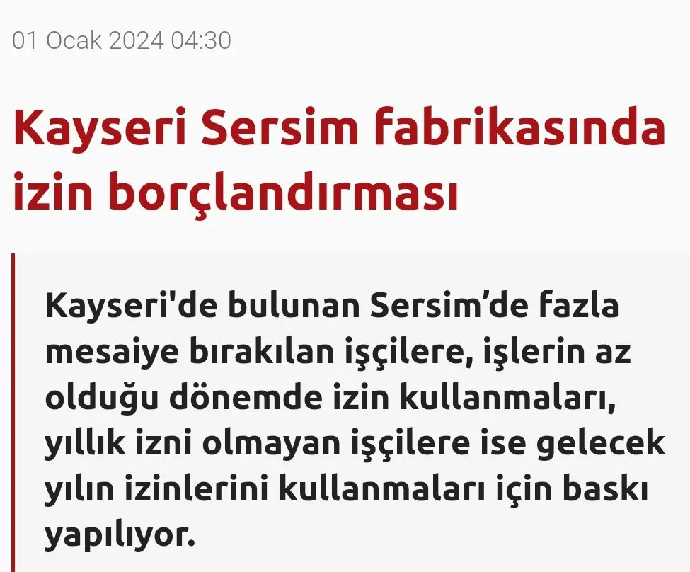 isciradari38's tweet photo. Kayseri'de bulunan #Sersim’de fazla mesaiye bırakılan işçilere, işlerin az olduğu dönemde izin kullanmaları, yıllık izni olmayan işçilere ise gelecek yılın izinlerini kullanmaları için baskı yapılıyor. #simfer
https://t.co/v4xxpXjhVL https://t.co/ayoFPlh8XA