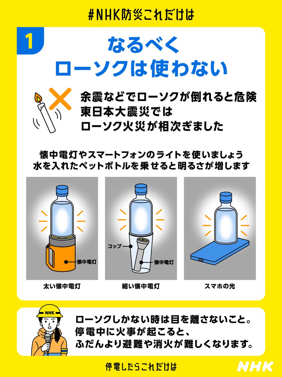 nhk_ikiruskill's tweet photo. 地震で停電している地域があります。
不安な状況が続いているかと思います。以下を参考にしてみてください。

✅なるべくローソクは使わない
　 ペットボトルで明るさが増します
✅スマホは省エネ設定に
✅避難する時はブレーカーを落とす

https://t.co/IbmimbDKTA https://t.co/Qm2tBCnCCV