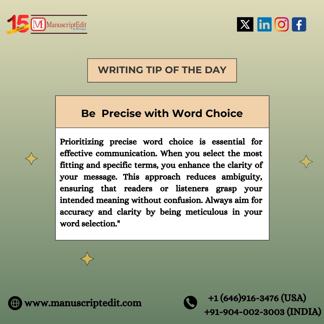 manuscriptedit's tweet photo. "Choose words wisely for clear communication. 🖋️✨ Precision eliminates ambiguity, ensuring your message connects. Dive into intentional language for impactful writing. 
.
.
#WritingTip 
#ClarityIsKey
#PreciseWordChoice
#CommunicationClarity
#WritingEssentials
#manuscriptedit https://t.co/pm7csEzXjL