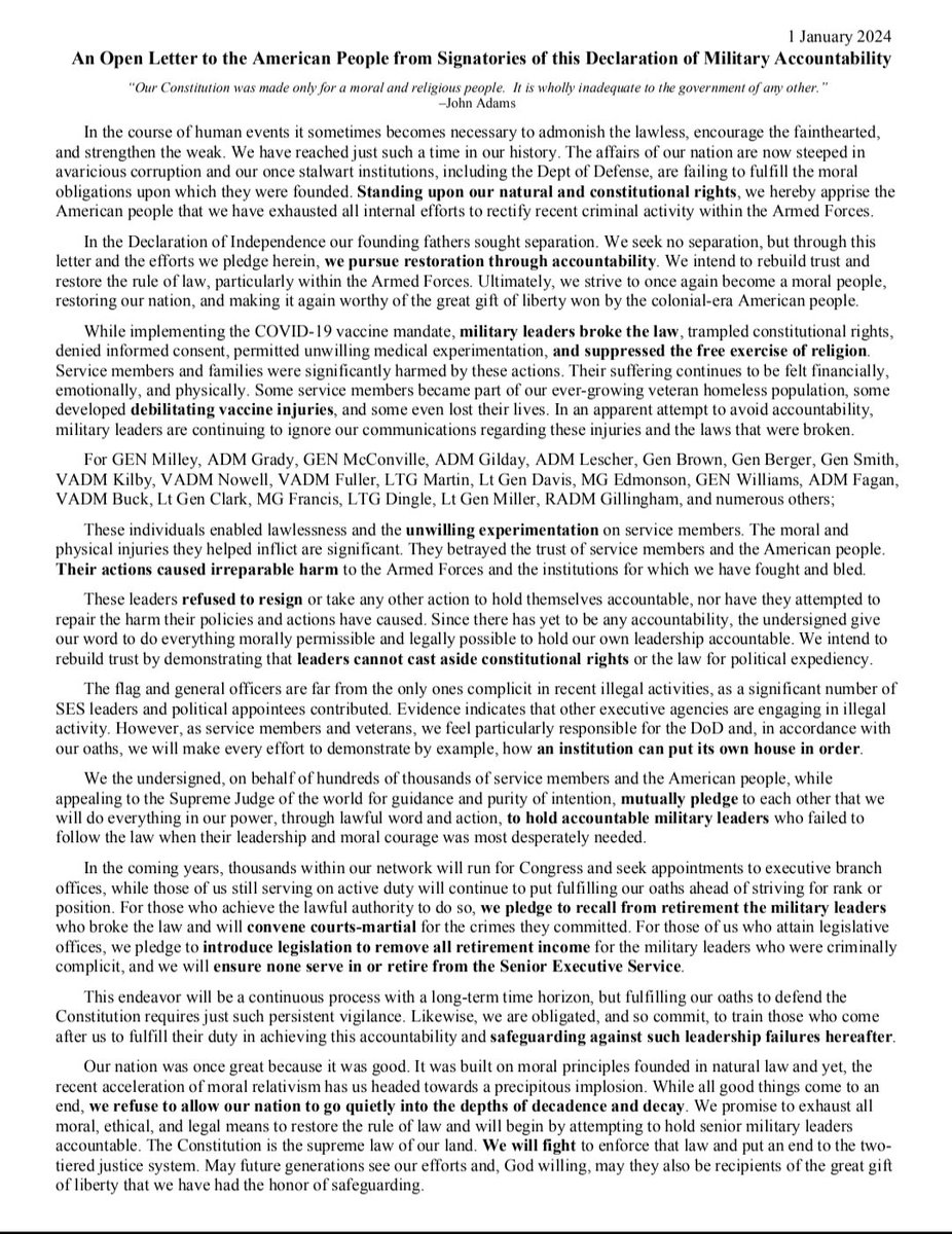 At 4am EST today (a few min ago), senior military leaders received an email with a letter attached called the Declaration of Military Accountability. I know because I sent the email. I sent it on behalf of myself & 230 other signatories of the letter. The letter is not addressed…