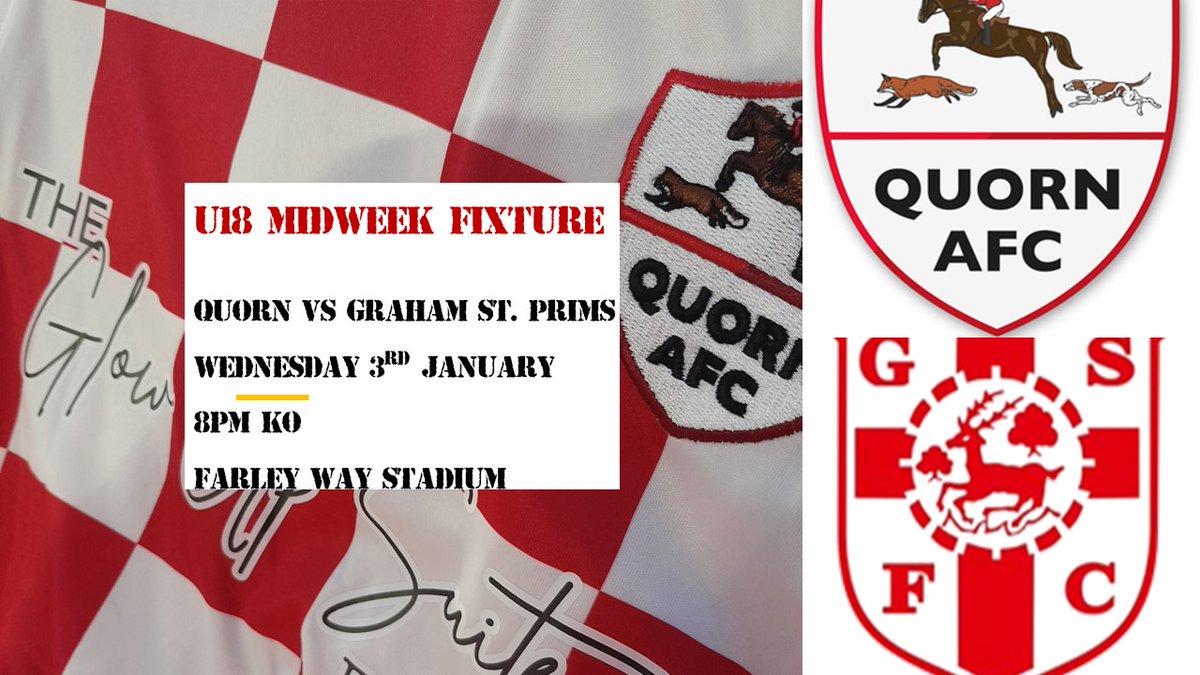 QuornAFC's tweet photo. U18s | Our Under 18s are in midweek action on Wednesday evening (8pm KO) as they host Graham St. Prims at Farley Way. Entrance is just £2.00 and free for U12s.

#WeAreQuorn #QuornAFC #TheMethodists⛪️ #TheReds🔴⚽️🔴 https://t.co/Idx5nmcnz5