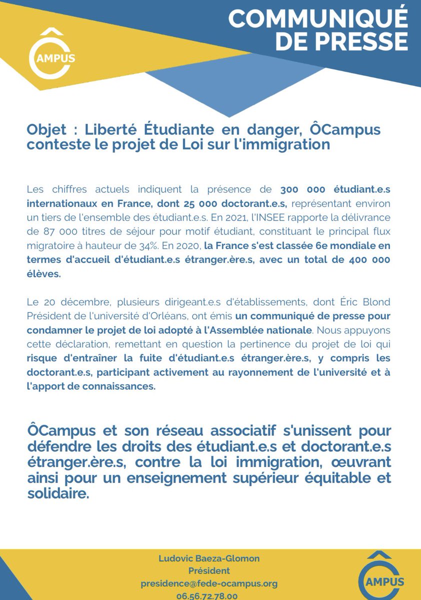 #CDP 
La liberté étudiante est en danger ⚠️
🟡 ÔCampus fait part de son opposition sur le nouveau projet de loi sur l’immigration. 
➡️ Les étudiant.e.s étranger.ère.s sont concerné.e.s.