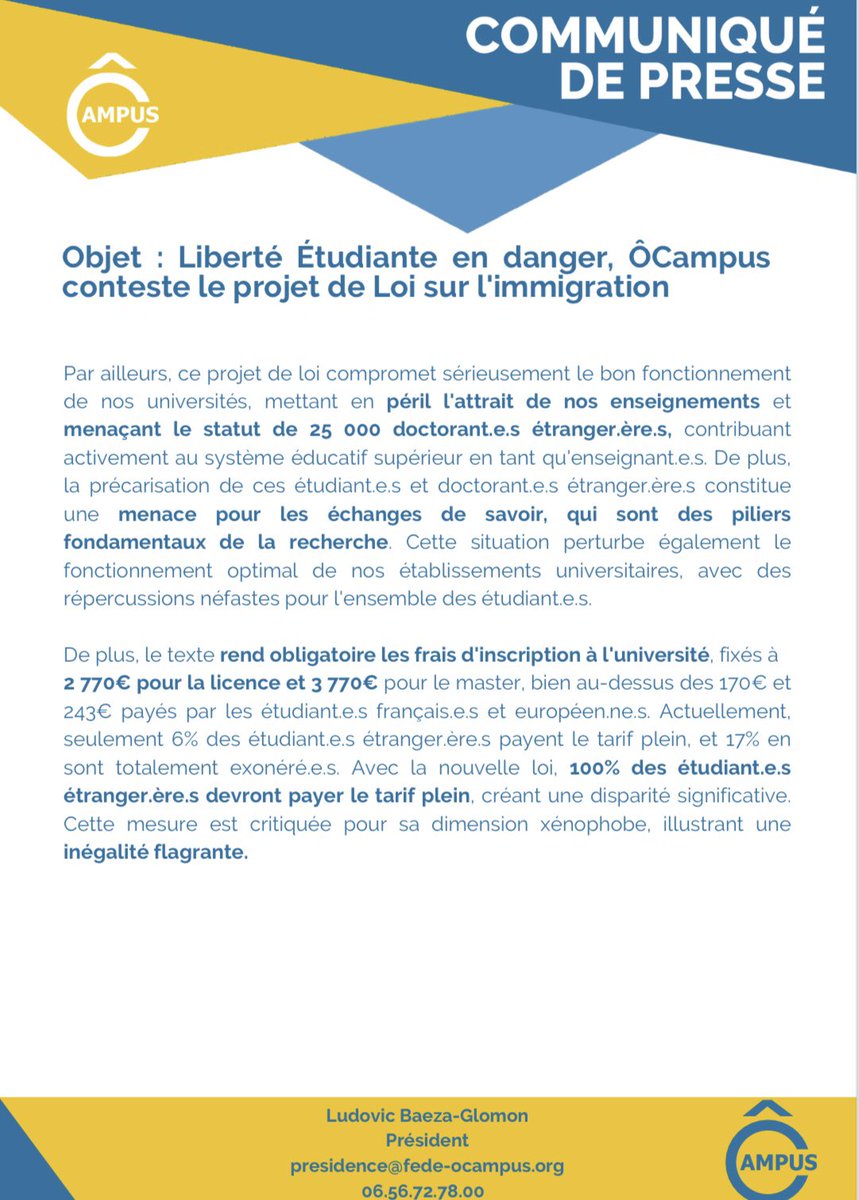 OCampus_Orleans's tweet photo. #CDP 
La liberté étudiante est en danger ⚠️
🟡 ÔCampus fait part de son opposition sur le nouveau projet de loi sur l’immigration. 
➡️ Les étudiant.e.s étranger.ère.s sont concerné.e.s. https://t.co/1MmWkcFeMz