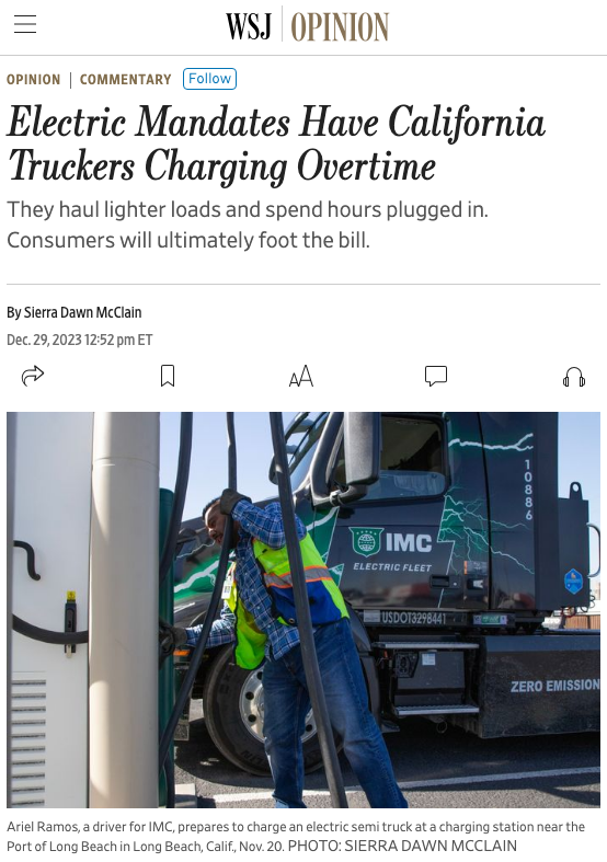 The pain of California's mandated electric trucks: A diesel truck fuels up in 15min and drives 1,000 miles The electric truck needs 9+ hours of charging and carries less In one day, made 2 hauls instead of 6 California customers end up paying archive.ph/lip17