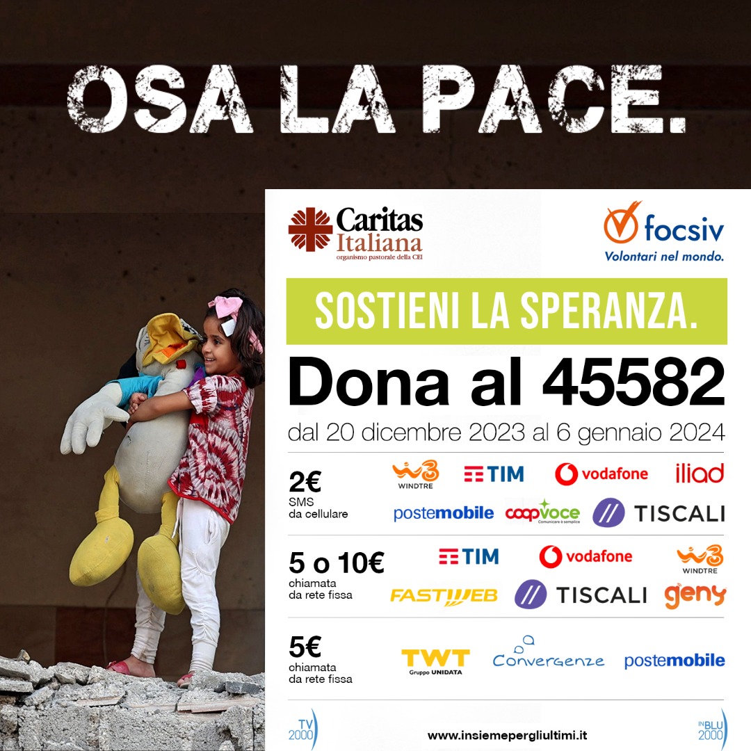 🕊️ All'inizio di questo 2️⃣0️⃣2️⃣4️⃣ si alza l'invocazione della Chiesa alla Pace. 
📢 Su questa strada è impegnata anche la Campagna “Osa la pace. Sostieni la speranza” di <a href="/CaritasItaliana/">Caritas Italiana</a> e <a href="/FOCSIV/">Volontari nel mondo</a>. DONA via SMS al 45582 o su bit.ly/3MfHGyt.
🙏Grazie e buon inizio anno!