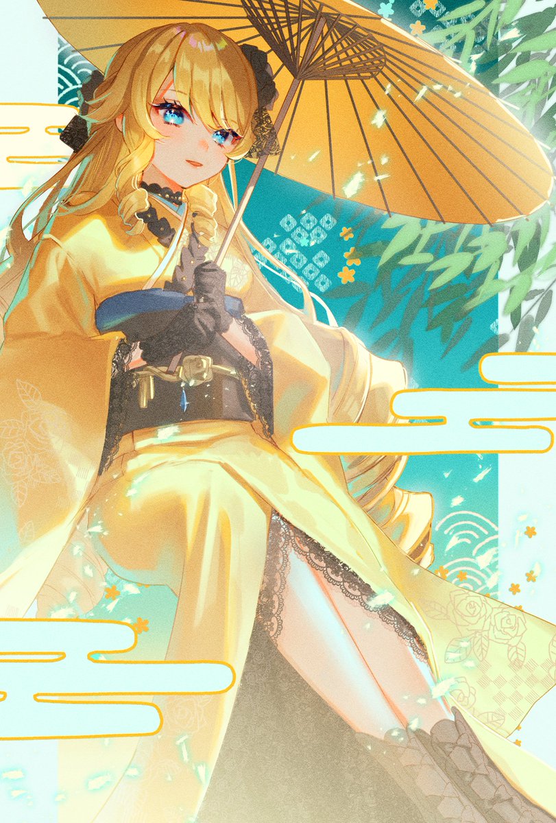 navia (genshin impact) 1girl umbrella kimono japanese clothes solo blue eyes blonde hair  illustration images