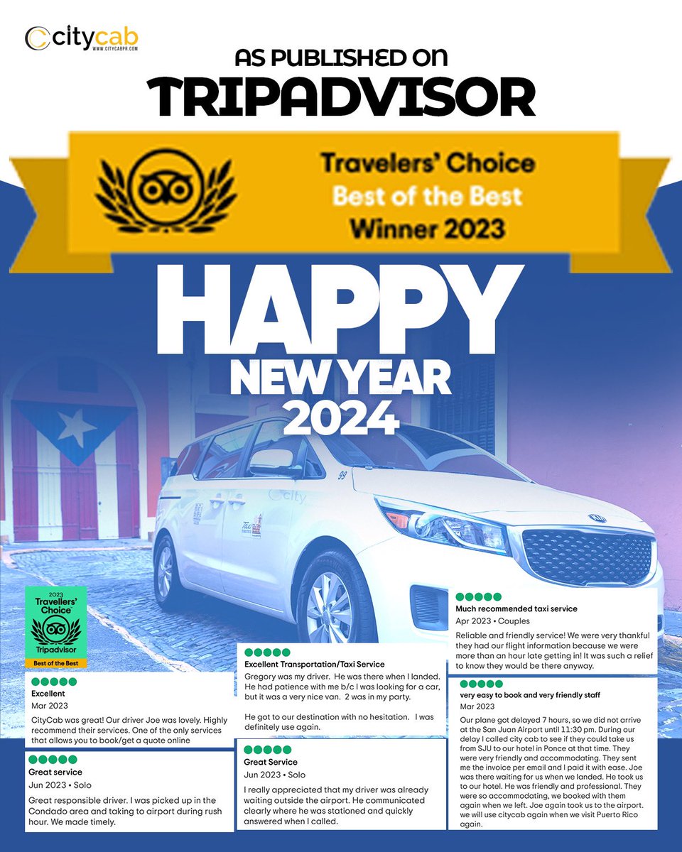 CityCabPR's tweet photo. We were so busy on 2023 that we never published it. We won the 2023 Travel Choice Award on TripAdvisor.

Thank you for being our valued customers. We appreciate the pleasure of serving you and meeting your travel needs.

We wish you a HAPPY NEW YEAR!!!

#puertorico #taxi #SanJuan https://t.co/CTjjrCtAdw